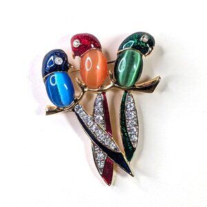 3 Parrots Jelly Belly Brooch Clear Rhinestone Gold Tone Setting